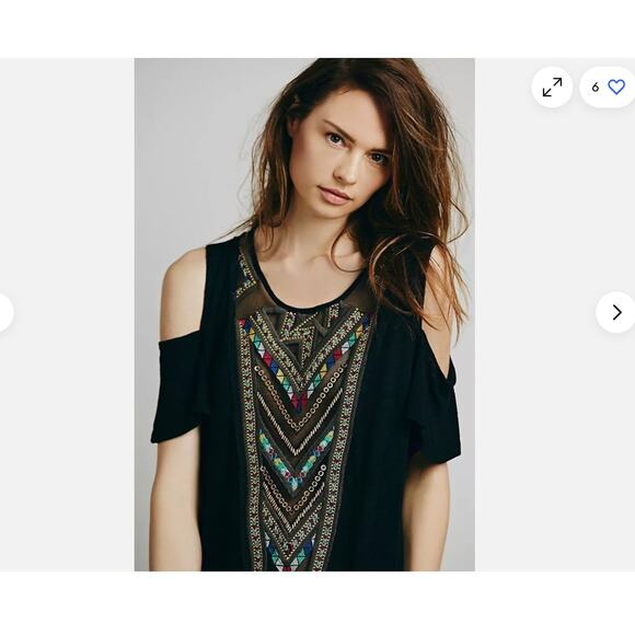 Free People Top Love Spell Cut Out Mesh Keyhole Tee Shirt Embroidered Tribal - Picture 1 of 7